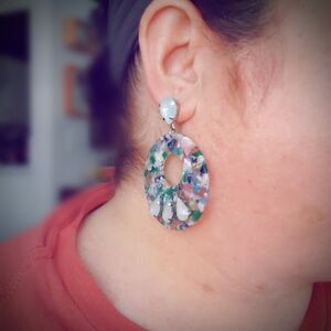 Resin Dangling Hoop Earrings "Monet" Pierced/Retro/Pastel/Large/Statement 2.75"